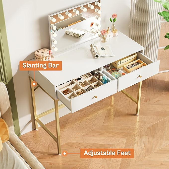 SUPERJARE 31.5" White and Gold Desk with 2 Drawers, Modern Vanity Desk, Small Makeup Table for Home Office Writing Study Bedroom