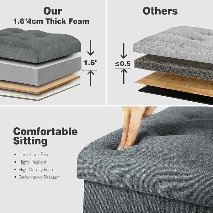 Storage Ottoman, Foot Rest Stool with Thicker Foam Padded Seat. 61L Slim Tall Foldable Linen Footstool Storage Bench Small Ottoman for Living Room, Bedroom. 350lbs Load Capacity, 17x13x17in, Dark Gray