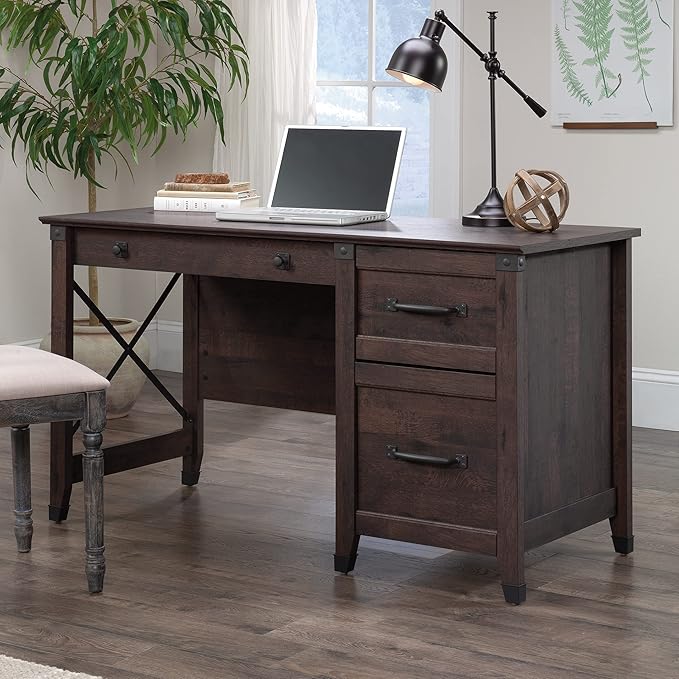 Sauder Carson Forge Vintage Rustic Computer Desk for Home Office with Drawers, in Coffee Oak