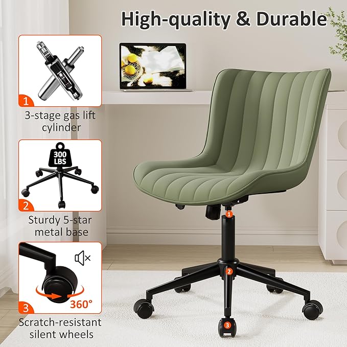 Kidol & Shellder Olive Green Leather Home Office Desk Chair with Wheels Modern Cute Armless Executive Swivel Vanity Chair with Comfy Padded Back Ergonomic Rolling Adjustable Computer Task Chair Small