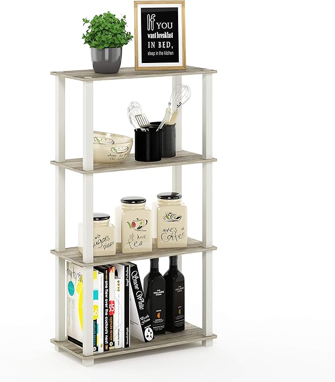 Furinno Turn-N-Tube 4-Tier Multipurpose Shelf Display Rack, Square Tube, Sonoma Oak/White