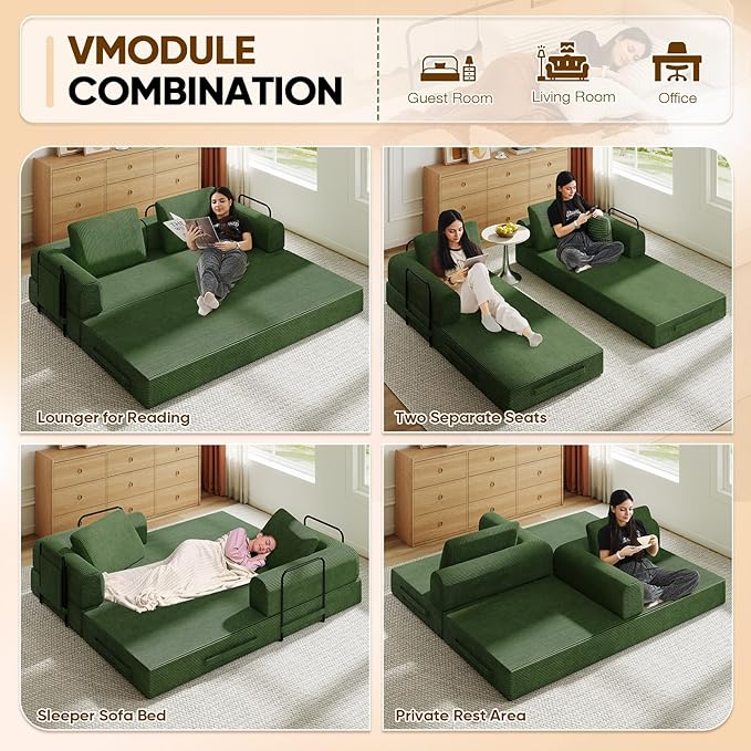Antetek Convertible Sofa Bed, Comfy Corduroy Fluffy Love seat Sleeper Sofa, 5 in 1 Folding Couch Bed, Fold Out Floor Couch with Pillows for Bedroom, Living Room, Office, Pinstripe, Green