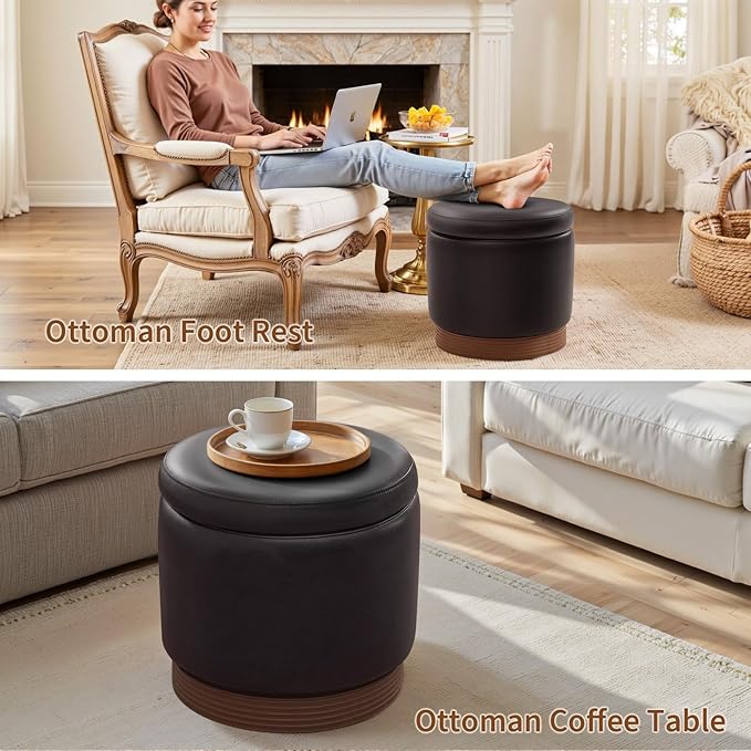 Round Ottoman with Storage,Swivel Vanity Stool-Leather Foot Rest,Upholstered Footstool Pouf with Sturdy Wooden Frame(500 Lb),Small Coffee Table & Hidden Storage Ottoman for Living Room