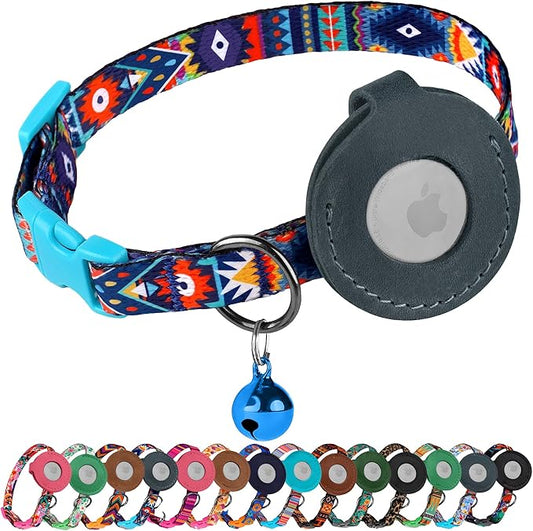Airtag Cat Collar with Bell - Non Breakaway Soft Pet Collar with Leather Air Tag Holder - Adjustable GPS Anti-Lost Collars for Girl Boy Cats Kitten Puppies, Lightweight and Patterned (Aztec Blue)