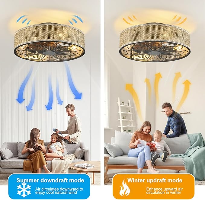 Modern Boho Rattan Flush Mount Ceiling Fans with Lights and Remote Control Low Profile Bladeless Ceiling Fan Timer and 6-Speed Reversible Motor for Bedroom, Kitchen, Dining Room Include Bulbs