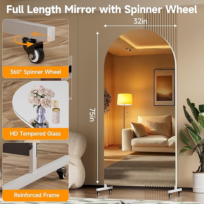 Hasipu 75" x 32" Arched Rolling Home Gym Mirror with Wheels, 360° Swivel Body Mirror with HD Tempered Glass, Large Floor Mirror for Yoga Room, Dance Studio, Bedroom & Home Gym