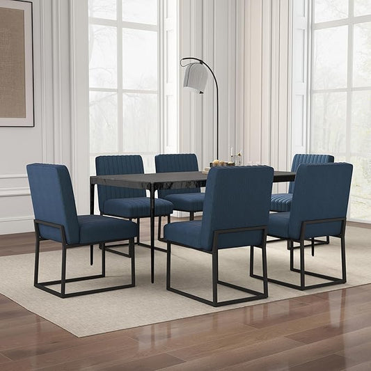VKNOW Upholstered Dining Chairs Set of 6, Modern Dining Room Chairs with Stripe, Linen Kitchen Chair Dinner Chair with Black Metal Base for Kitchen Office, Blue