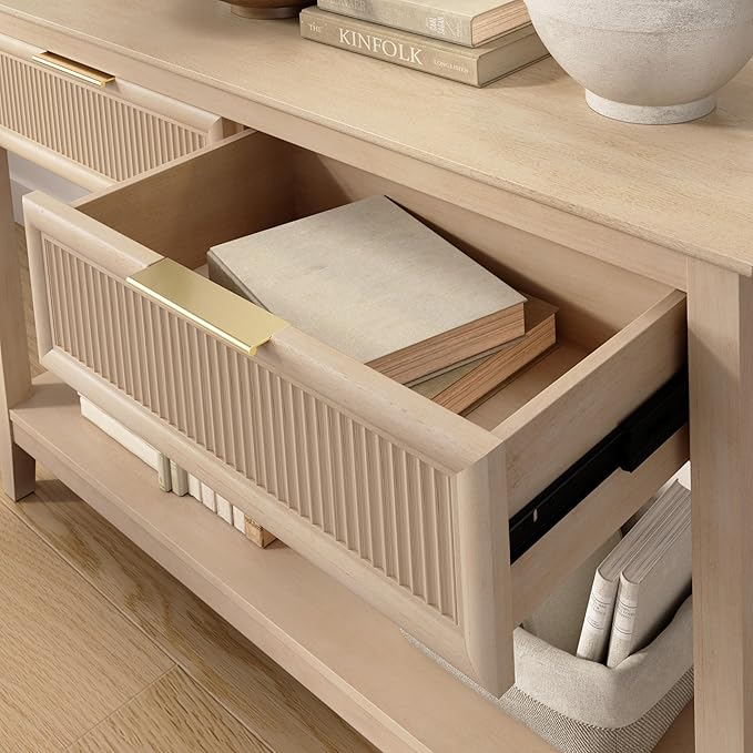 Bush Home Fluted Console Table with Drawers, Living Room Furniture, Camille Collection, Natural Birch Beige