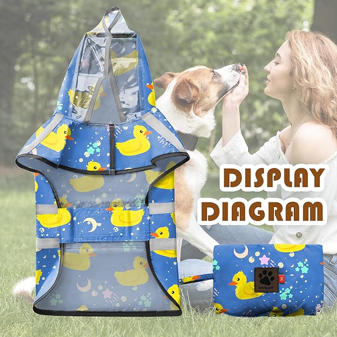 Dog Raincoat, Adjustable Dog Rain Jacket with Clear Hooded Double Layer for Large Medium Small Dogs Puppies, Waterproof Rain Coat Poncho Duck, Blue-L