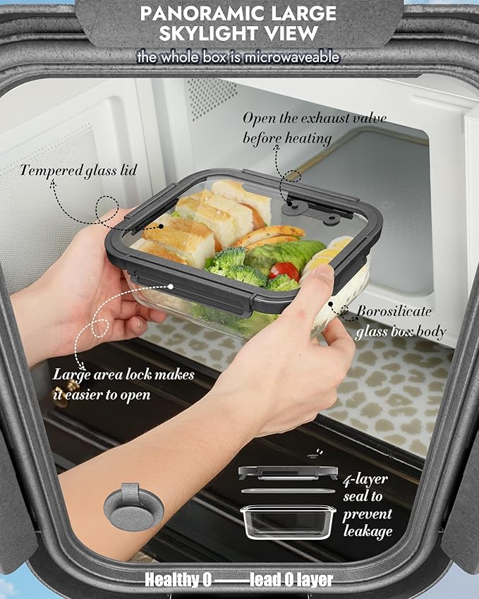 12-Pack Glass Containers with Tempered Lids – Borosilicate, Oven-Safe, Airtight, BPA-Free, Multi-Size for Meal Prep, Dishwasher Safe (Gray)