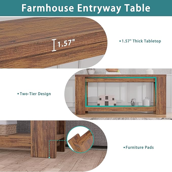 Farmhouse Console Table with Storage Shelf, 70.9” Extra Long Sofa Table Behind Couch, Rustic Entryway Accent Table for Hallway, Living Room, or Foyer, Entrance Rustic Brown