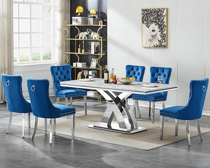 Modern White Marble Dining Table Set for 6,7-Piece Kitchen Table and Chairs for 6,Luxury Silver Dining Room Table Set w/68" Rectangle Dinner Table & 6 Blue Velvet Chairs for Kitchen Dining Room