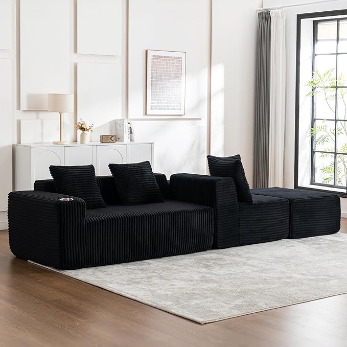 106" Modular Sectional Sofa, Modern Cloud L-Shape Couch with Ottoman Chaise, Comfy Deep Seat Chenille Boneless Couches for Living Room, No Assembly Required, Black