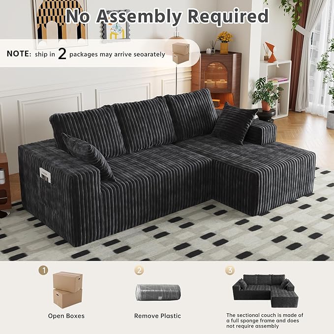 94" Cloud Sectional Couch with L-Shape Chaise,4 Seat Modern Modular Sofa with Side Pockets,Upholstered Couches for Living Room Bedroom, Boneless Couch,No Assembly Required