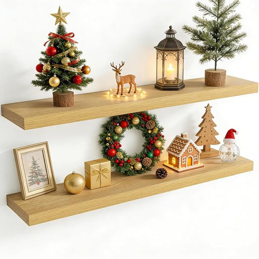 48 Inch Floating Shelves for Wall, 8 Inch Deep Floating Shelf for Storage & Display, Rustic Wall Mounted Shelf with Invisible Brackets for Living Room, Kitchen, Bathroom, Home Decor, Set of 2, Oak