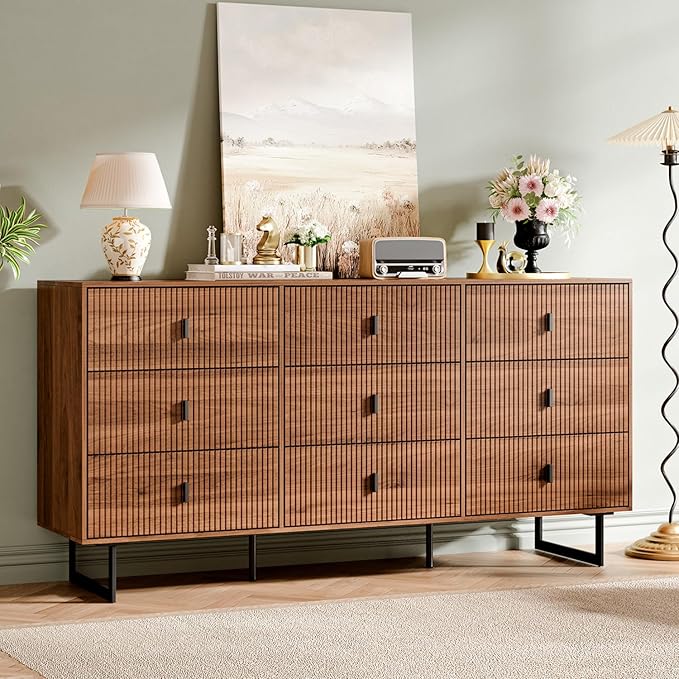 Modern Chest of Drawers with 9 Drawers,Deep Drawers,Clothes Organizer,Large Storage Cabinet for Living Room, Bedroom,Hallway,with Anti-Tipping Device, Walnut.