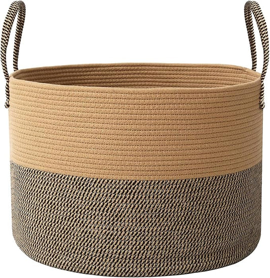 Woven Blanket Basket,65L Large Rope Storage Bin with Handles, Organizer for Blankets Toys Book and Clothes, Laundry Basket for Living Room Bedroom Nursery,Jute&Black