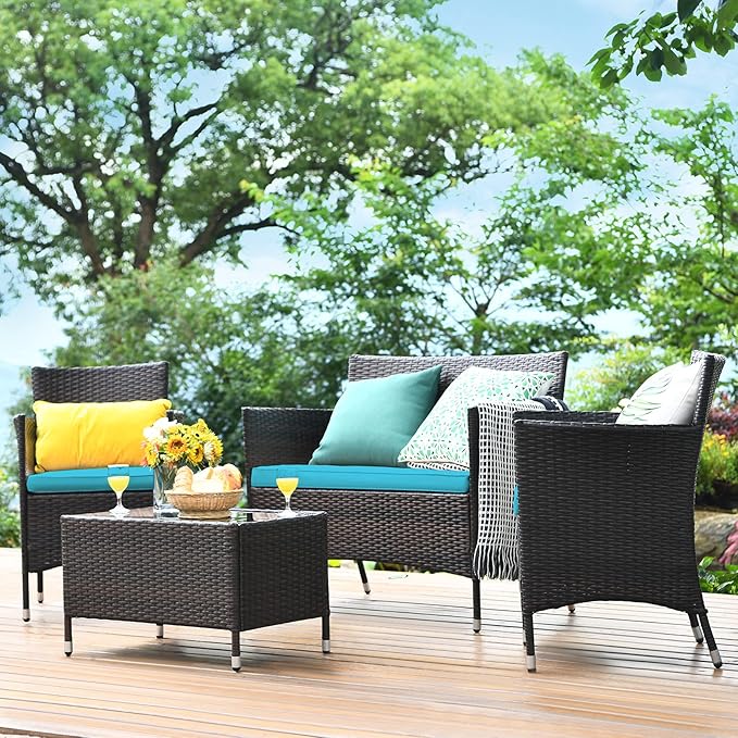 Tangkula 4 Pieces Patio Rattan Conversation Set with Tempered Glass Coffee Table & Thick Cushion, Wicker Chair Set for Garden, Lawn, Poolside and Backyard
