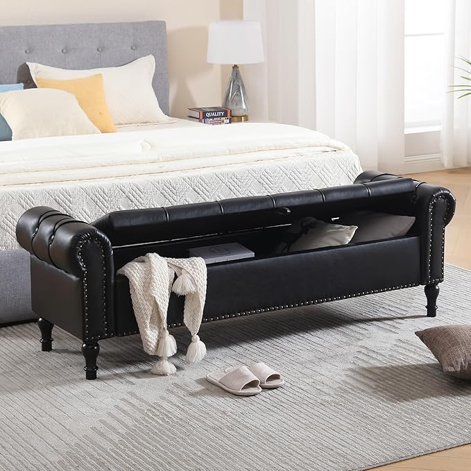Leather Storage Bench 67 Inch Upholstered Tufted Ottoman Bench with Arms King Size End of Bed Bench for Bedroom Living Room Entryway Black