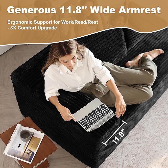 136" Sectional Couches for Living Room Modern Modular Sofa with L-Shape Couchs Upholstered Boneless Couch Deep Seat Sectional Couch with Chaise (Black, Right Facing Chaise+3Seaters)