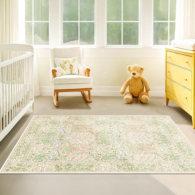 Washable Neutral Floral Living Room Rug, 3x5 Area Rugs for Bedroom, Nursery, Kitchen, Large Entryway, Vintage Non-Slip Throw Rug Low Pile Stain Resistant (3x5 Garden Green)