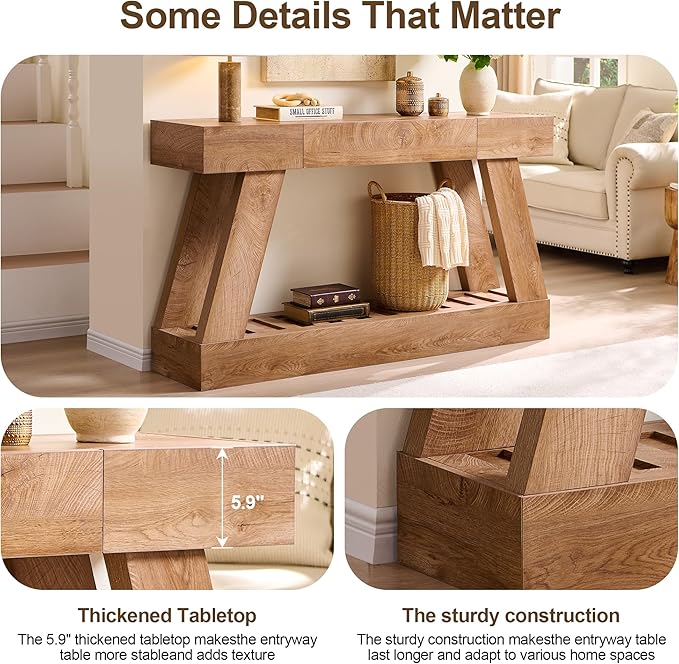 60" Farmhouse Entryway Table with Drawer, Wooden Hallway Foyer Table with Heavy Duty Base, Sofa Table for Living Room(Light Knotty Oak)