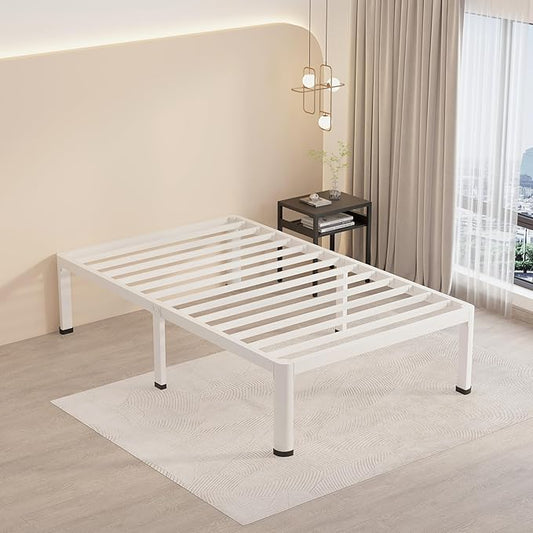 MAF 18 Inch Twin XL Bed Frames White with Round Corner Legs Mattress Slide Stopper No Box Spring Needed Heavy Duty Metal Platform Bed Frame Under-Bed Storage Space, 3000 LBS Steel Slats Support