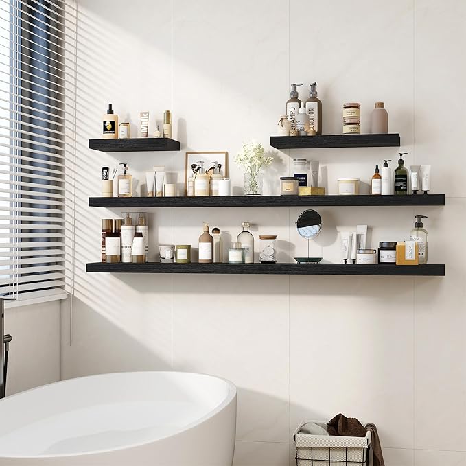 Fun Memories 66 Inch Fireplace Mantel Shelf with Invisible Bracket, 8 Inch Deep Floating Shelf for Living Room, Kitchen, Farmhouse, Black (2-Pack)