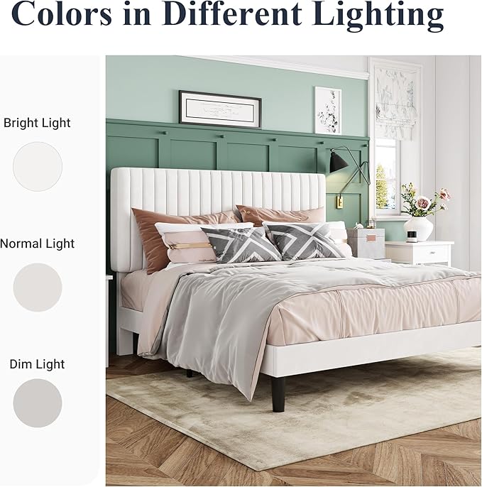 Allewie King Bed Frame, Velvet Upholstered Platform Bed with Adjustable Vertical Channel Tufted Headboard, Mattress Foundation with Strong Wooden Slats, Box Spring Optional, Easy Assembly, Off-White