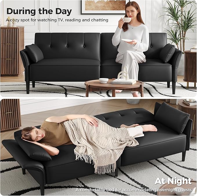 89” Futon Sofa Bed,Futon Couch Bed with 2 Square Pillows,Convertible Sleeper Sofa with Adjustable Backrest& Armrests, Modern Loveseat Sleeper for Living Room, Bedroom,Faux Leather Black