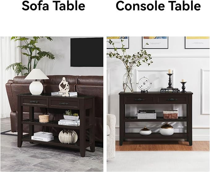 Retro Design Console Table with Two Open Shelves, Pine Solid Wood Frame and Legs for Living Room