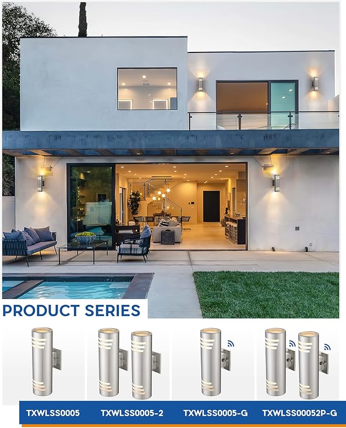 TENGXIN 2 Pack Outdoor Wall Light,Up Down Modern Outdoor Wall Sconce with Stainless Steel Cylinder,Brushed Nickel Exterior Lighting Fixtures