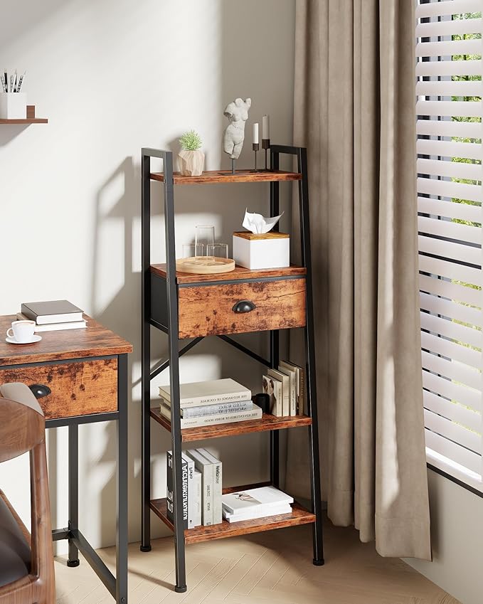 Furologee 4 Tier Ladder Shelf, Narrow Ladder Bookshelf with Drawer, Modern Freestanding Bookcase, Storage Shelves Organizer for Bathroom,Kitchen,Bedroom,Living Room,Rustic Brown