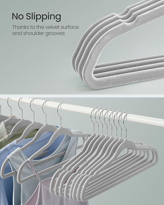 SONGMICS Velvet Hangers 60 Pack, Non-Slip Clothes Hangers with Silver-Colored Swivel Hooks, Slim Space-Saving for Closet, Heavy-Duty, Dove Gray UCRF036GD02S