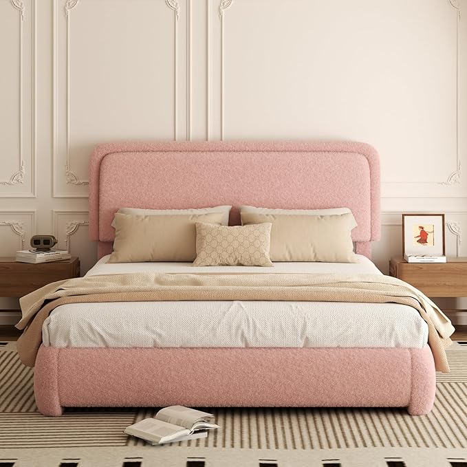 Queen Bed Frame, Teddy Velvet Boucle Bed Frame with 43.3"/45.3" Adjustable Upholstered Headboard, Rounded Corners, Mattress Foundation, No Box Spring Required, Pink