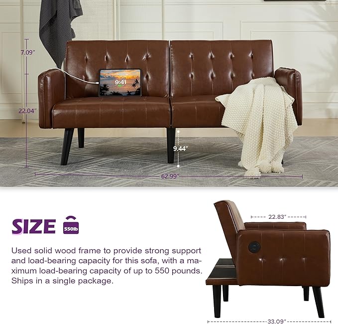 TYBOATLE 65“ Convertible Futon Sofa Bed w/ 2 USB,Tufted Small Adjustable Folding Couch Loveseat, Modern Mid Century Faux Leather Sleeper Sofa for Living Room, Bedroom,Office, Brown