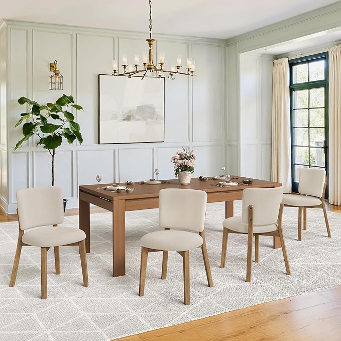 LUE BONA Wooden Dining Chairs Set of 4, Comfortable Wide Back Kitchen Side Chairs, Strong Thick Legs for Modern Farmhouse Dining Room, Linen Upholstered and Natural Wood Legs