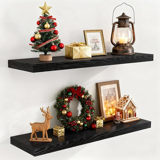 Fun Memories Floating Shelves for Wall, 36 x 9.3 Large Floating Shelf Wall Mounted Set of 2, Rustic Wood Shelves for Bathroom, Kitchen, Living, Heavy-Duty Storage Deep Shelf for Books, Decor, Black