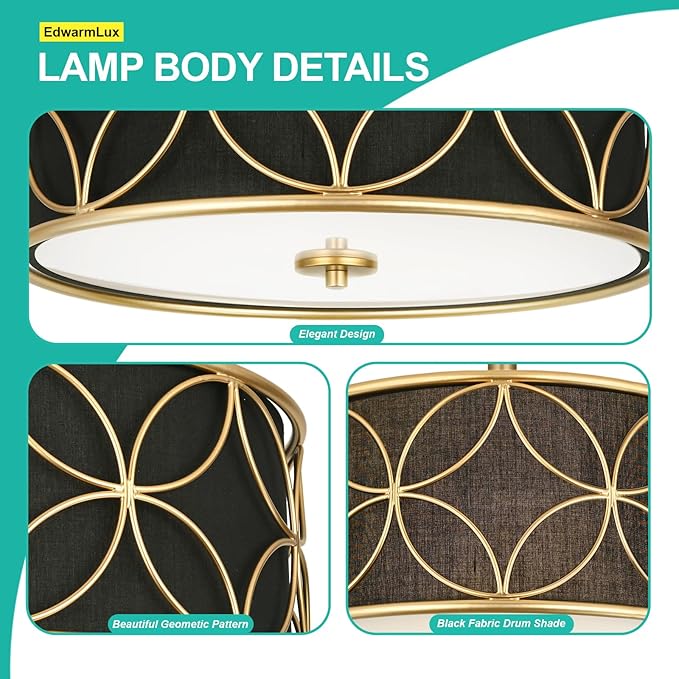 3-Light Semi Flush Mount Ceiling Light, 16" Drum Light with Fabric Shade, Modern Close to Ceiling Lamp for Living Room Bedroom Dining Room Kitchen Hallway Entry Foyer (Black Gold)
