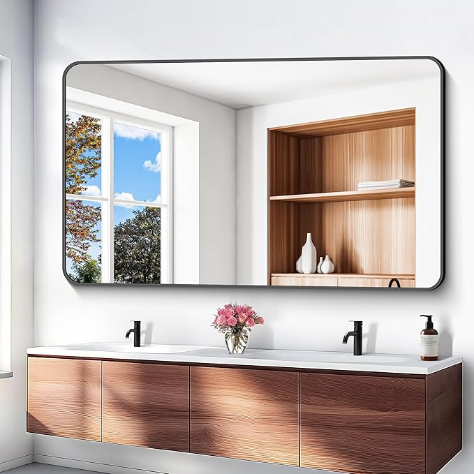 BONEWEI 60x36 inch Large Bathroom Mirror,Black Rectangle Mirror,Wall Mounted Bathroom Frame Vanity Mirror with Round Corner for Bedroom Living Room, Entryway Hangs Horizontal or Vertical