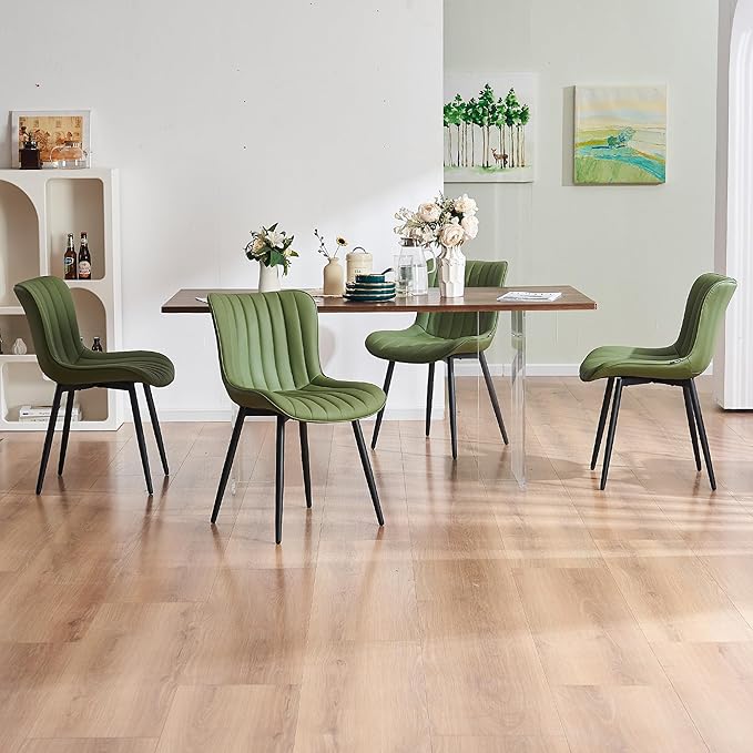 YOUNUOKE Mid-Century Modern Dining Chairs Set of 2, Olive Green PU Leather Upholstered Kitchen Chairs with Black Metal Legs, Armless Accent Side Chair for Dining Room, Guest Reception Room