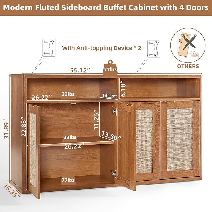 LEYAOYAO Rattan Sideboard Buffet Cabinet,55" Coffee Bar Cabinet with 4 Doors & Open Storage Shelf,Modern Credenza Console Table for Living Room Rattan Farmhouse entryway Brown