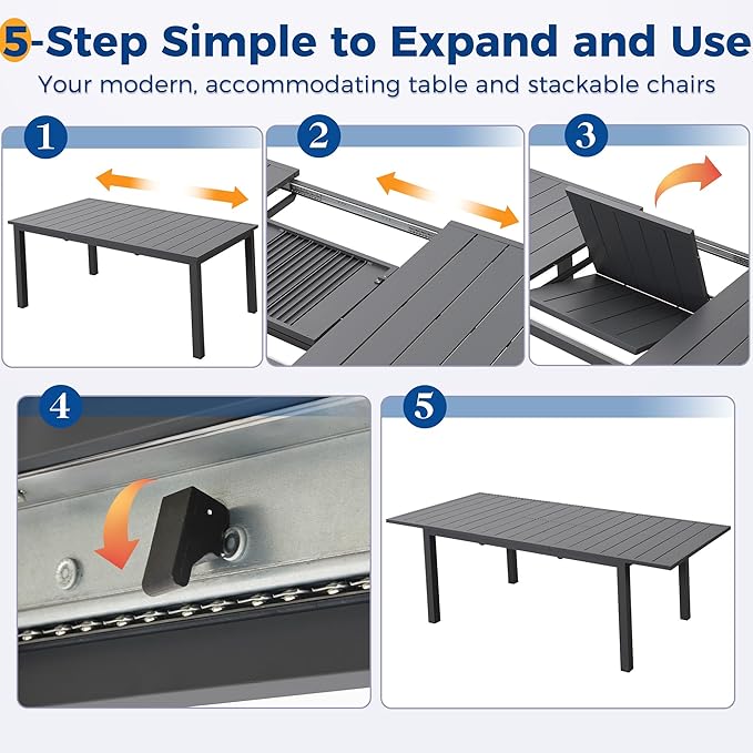 Wisteria Lane 9 Piece Aluminum Outdoor Patio Dining Sets with Fully Assembled Dining Chair，91.3" L×39.4" W Expandable Patio Table and Chairs Set for 8, Stackable Chairs with Quick Drying Fabric, Grey