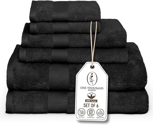 Premium Staple Cotton Bathroom Towel Set - Black 600 GSM 6-Piece Luxury Bath Towel Set 1 Stripe - 2 Bath Towels, 2 Hand Towels & 2 Washclothes Set - High Absorbent & Quick Dry for Gym, Spa, Hotel