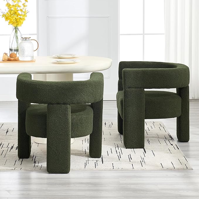 Sherpa Barrel Dining Chairs Set of 2, Upholstered Boucle Accent Kitchen Chairs with Arms, Comfy Faux Fur Side Chair Modern Armchair for Dining Room, Bedroom, Home Office, Green