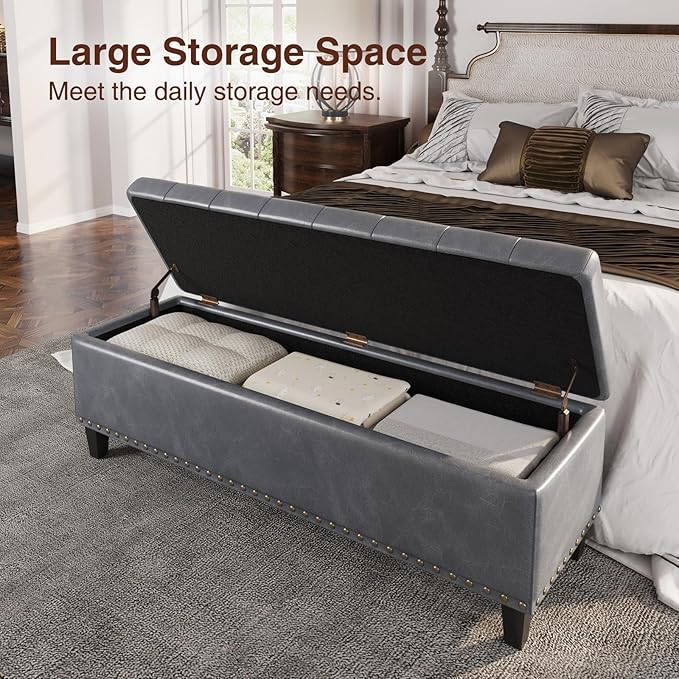 Large Storage Bench, 51-Inch Ottoman for Bedroom End of Bed, 30 Gallons Faux Leather Bench for Bedroom, Living Room, Entryway, Hallway, Grey