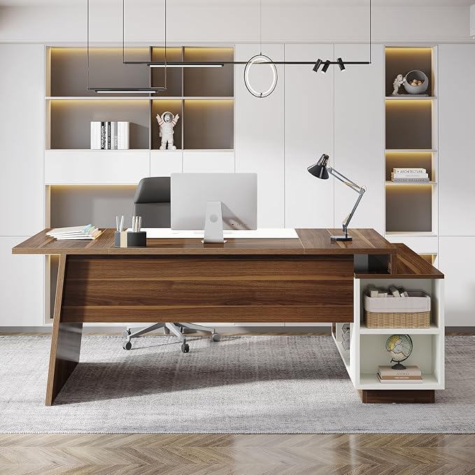 Tribesigns L-Shaped Executive Office Desk, 70.5-Inch Mid-Century Modern Executive Desk with Storage Cabinet and Shelves, Large Computer Desk for Home Office, Brown + White