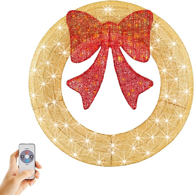 Sweetcrispy 36in Pre-Lit Christmas Wreath, LED Lighted Holiday Outdoor Decoration with Bow for Door, Mantel, Wall, Windows, Front Door Decor, Gold Wreath - Red Bow