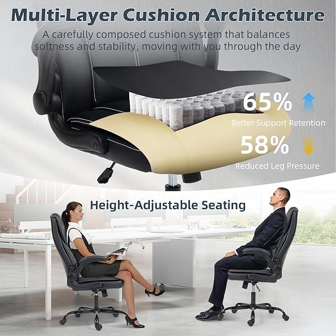 Office Chair - Executive Leather High Back Office Desk Chair with Rocking Function - Ergonomic Breathable Comfortable Wide Swivel Rolling Gaming Computer Chair with Flip-up Armrests & Lumbar Support