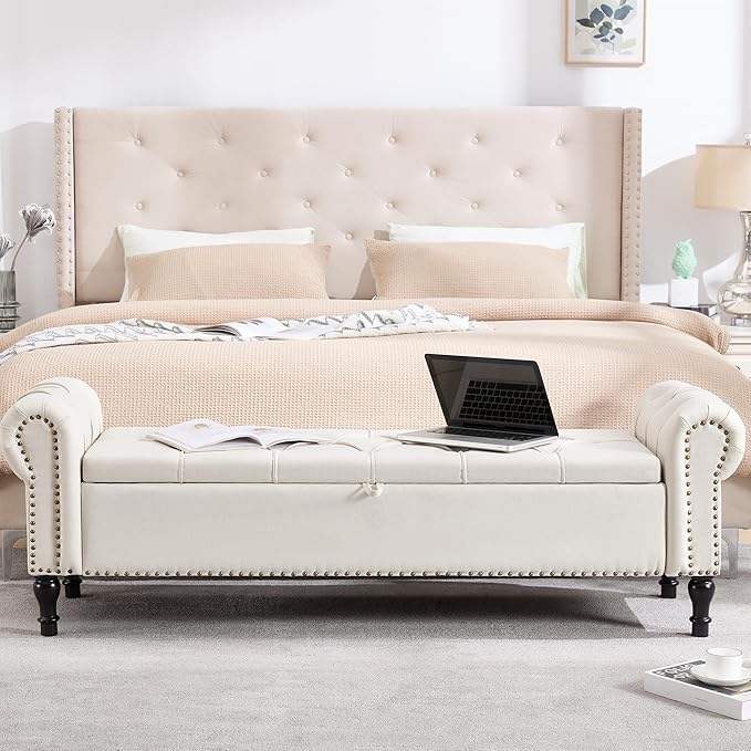 67 Inch Storage Bench for Bedroom, King Size End of Bed Bench, Upholstered Bench with Rolled Arms, Linen Tufted Button Storage Ottoman Benches, Living Room, Entryway, Beige